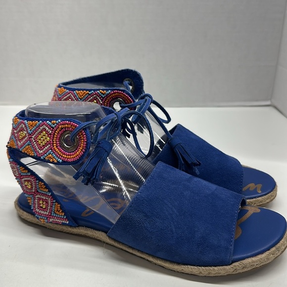 Sam Edelman Shae Sandals Suede Tasseled Ankle Wrap Beaded Flat Shoes Blue Size 8 - Picture 6 of 10